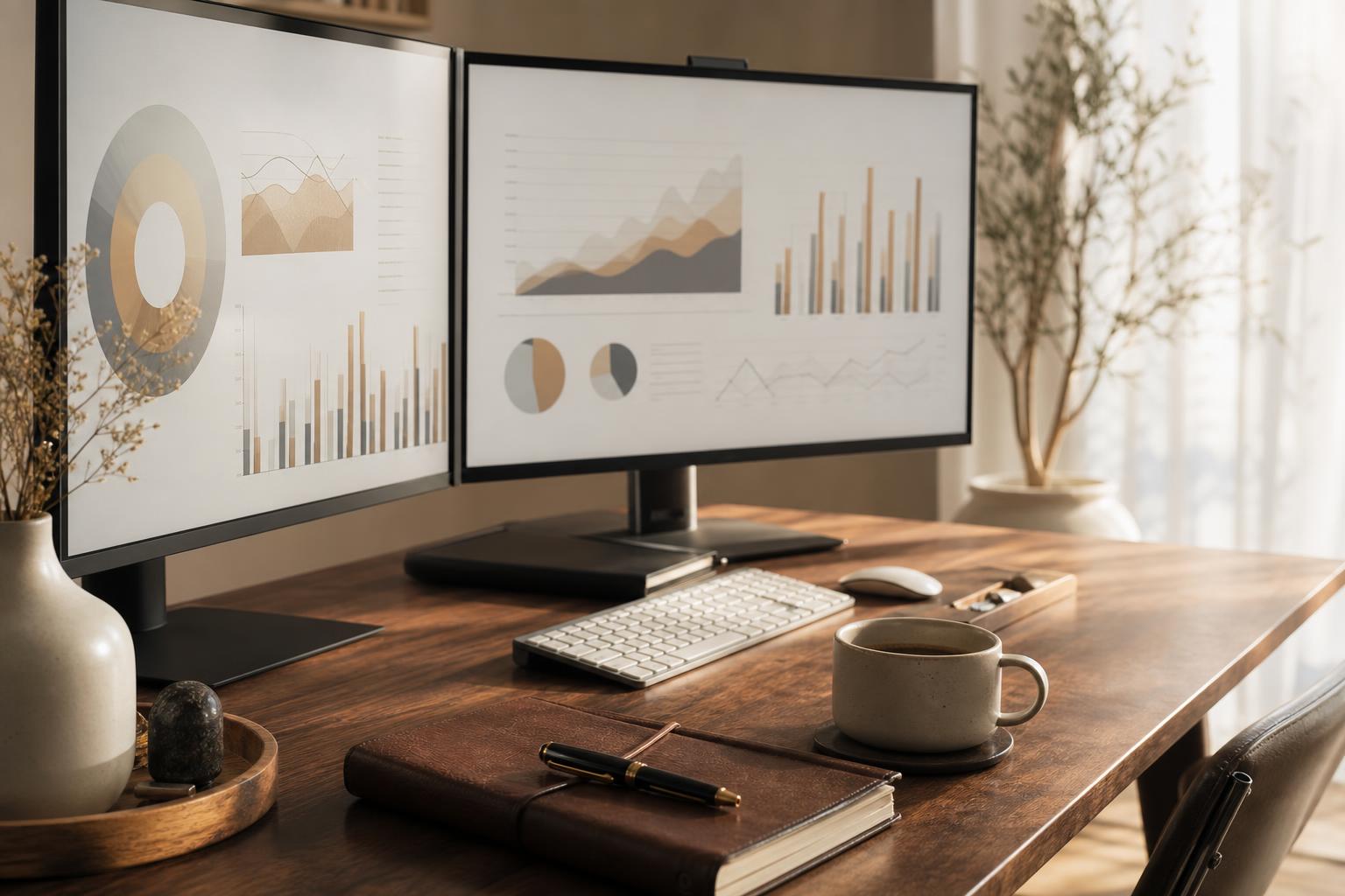 Reputation Management Companies — Editorial workstation with analytics screens, a leather notebook and a coffee cup — illustrating reputation management companies research